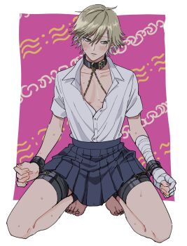 1boy averting_eyes bandaged_hand bandages barefoot bdsm belt_collar black_collar blue_skirt blush bondage border bound bound_legs brown_eyes brown_hair chained_wrists clenched_hand collar collarbone collared_shirt commentary_request crossdressing crossdressing_(mtf) full_body furrowed_brow hair_between_eyes highres kneeling looking_to_the_side male_focus miniskirt omanjumaturi1 pale_skin parted_bangs parted_lips partially_unbuttoned patterned_background pink_background pleated_skirt raised_inner_eyebrows school_uniform shiraishi_kuranosuke shirt shirt_tucked_in short_hair short_sleeves sideways_glance skirt solo spread_legs straight-on sweat tennis_no_ouji-sama white_border white_shirt