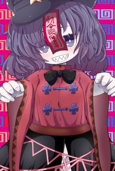 Rule 34 | 1girl, black bow, black bowtie, black hat, black skirt, blue eyes, bow, bowtie, bright pupils, commentary request, fingernails, hat, highres, jiangshi, looking at viewer, medium hair, miyako yoshika, muuba, ofuda, outstretched arms, purple hair, red shirt, sharp teeth, shirt, skirt, solo, teeth, touhou, white pupils, wide sleeves, zombie pose