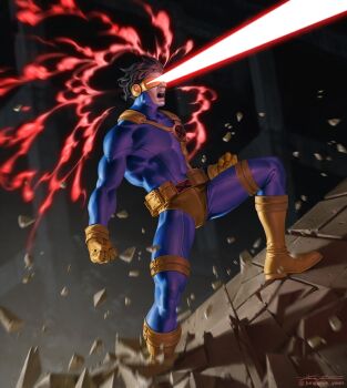 1boy blue_bodysuit bodysuit boots brown_hair clenched_hands commentary cyclops_(x-men) english_commentary eye_beam floating_hair gloves head-mounted_display male_focus marvel marvel_snap motion_blur muscular muscular_male official_art open_mouth scott_summers short_hair solo superhero_costume x-men yellow_boots yellow_gloves yoon_junggeun