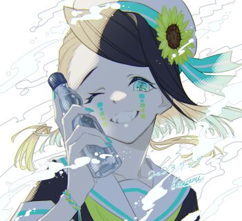 1boy 2023 aqua_eyes aqua_nails aqua_ribbon aqua_trim artist_name asymmetrical_bangs black_hair black_shirt bottle colored_tips dated enmu_(kimetsu_no_yaiba) facial_mark fangs flower green_neckerchief grin halftone hand_up hat hat_flower hat_ribbon holding holding_bottle kawazu_(kwzuuun) kimetsu_no_yaiba looking_at_viewer male_focus medium_hair multicolored_hair neckerchief one_eye_closed portrait ribbon sailor_collar shirt short_sleeves signature smile solo sunflower tears_facial_mark teeth trap white_background white_hat white_sailor_collar yellow_flower