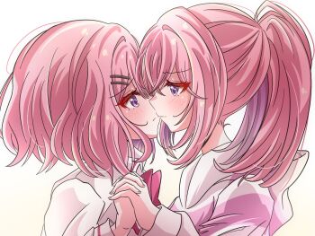 2girls amaori_haruna amaori_renako ashigaya_high_school_uniform blush bow bowtie closed_mouth collared_shirt commentary_request eye_contact hair_ornament hairclip heart heart-shaped_pupils highres holding_hands incest interlocked_fingers isumi6020 long_hair looking_at_another medium_hair multiple_girls pink_bow pink_bowtie pink_hair ponytail purple_eyes school_uniform shirt siblings sisters symbol-shaped_pupils watashi_ga_koibito_ni_nareru_wake_naijan_murimuri! white_shirt yuri