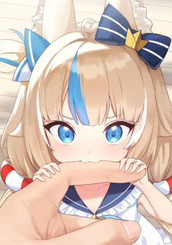 Rule 34 | 1girl, 1other, animal ear fluff, animal ears, biting another's finger, blonde hair, blue bow, blue eyes, blue streaks, bow, cat ears, collarbone, feet out of frame, fingernails, hair bow, hand size difference, highres, indie virtual youtuber, long hair, looking at viewer, multicolored hair, ochiaki, pov, pov hands, sameko saba, shirt, solo focus, streaked hair, virtual youtuber, white shirt