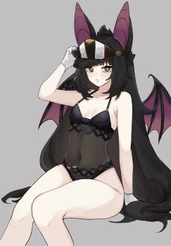 1girl animal_ears bat_ears bat_girl bat_wings black_hair breasts gloves highres indie_virtual_youtuber large_ears long_hair moriko_kyoho mugripley navel one-piece_swimsuit see-through_clothes small_breasts swimsuit thick_thighs thighs very_long_hair wings yellow_eyes