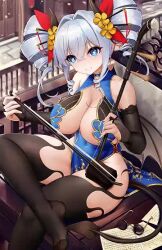 1girl animated audible_music bouncing_breasts breasts chinese_clothes cleavage demon_girl detached_sleeves feet heart heart-shaped_pupils instrument music niliu_chahui original playing_instrument shione_(niliu_chahui) sitting smile solo sound symbol-shaped_pupils tagme video white_hair