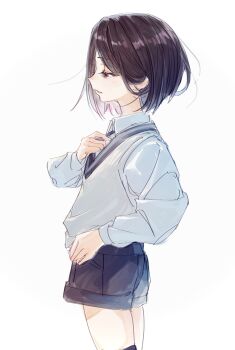 1girl absurdres black_hair black_shorts blue_eyes commentary_request cowboy_shot from_side grey_sweater hand_on_own_chest highres long_sleeves okubatomaeba original parted_bangs parted_lips profile short_hair shorts simple_background solo sweater white_background
