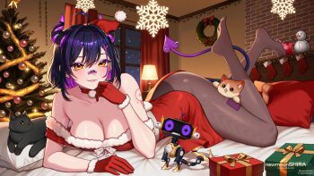 1girl ahoge animal ass bandaid bandaid_on_face bandaid_on_leg bandaid_on_nose bare_shoulders bed black_hair breasts cat choker christmas_present christmas_stocking christmas_tree cleavage commentary demon_girl demon_horns demon_tail dog dress ear_piercing earrings english_commentary feet gift gloves hair_ornament hairpin hat horns indie_virtual_youtuber jewelry lamp looking_at_viewer newmoonshira on_bed orange_eyes pantyhose piercing purple_hair rainh rainhoe red_dress red_gloves robot santa_hat smile snowflakes snowman tail tattoo thighs toes virtual_youtuber window