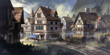 brick_floor bridge bush carriage chinnkun death fantasy fog giant_tree horse house landscape original painterly ruins signature sky tree village