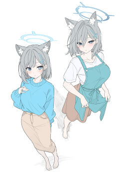 2girls absurdres alternate_costume alternate_hair_length alternate_hairstyle animal_ear_fluff animal_ears apron apron_hold arm_behind_back barefoot blue_archive blue_eyes blue_sweater blush breasts broken_halo brown_skirt closed_mouth commentary cross cross_hair_ornament earrings english_commentary extra_ears flat_color foreshortening full_body grey_apron grey_hair grey_halo hair_ornament halo hand_on_own_chest highres inverted_cross jewelry large_breasts long_hair long_skirt looking_at_viewer mismatched_pupils multiple_girls pencil_skirt shiroko_(blue_archive) shiroko_terror_(blue_archive) shirt short_hair short_sleeves sidelocks simple_background skirt standing stud_earrings sweater t1kosewad white_background white_shirt wolf_ears wolf_girl