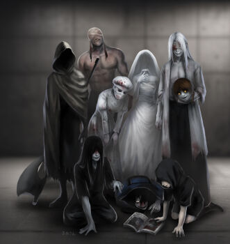 Rule 34 | 3girls, 6+boys, absurdres, adashino adami, axe, bag, bandages, bandages over eyes, black hair, blood, blood on clothes, book, bridal veil, brown hair, commentary request, disembodied head, dress, duffel bag, hair over eyes, hair over one eye, highres, holding, holding weapon, homicipher, kneeling, mame3, mask, mouth mask, mr. chopped, mr. crawling, mr. gap, mr. hood, mr. machete, mr. silvair, ms. nurse, multiple boys, multiple girls, pointing, shorts, shower cap, smile, surgical mask, the bride (homicipher), veil, weapon, white dress, white hair, yellow eyes