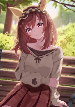 1girl absurdres alternate_costume animal_ears bench blurry blurry_background brown_hair buena_vista_(casual)_(umamusume) buena_vista_(umamusume) bush casual closed_mouth collarbone commentary_request hairband highres horse_ears horse_tail jewelry looking_at_viewer moyashi_toufu necklace sitting smile solo tail tree umamusume