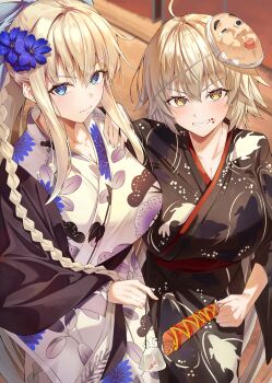2girls absurdres ahoge alternate_costume animal animal_print black_kimono blonde_hair blue_bow blue_eyes blush bow braid breasts closed_mouth commission corn_dog cowboy_shot fan_print fate/grand_order fate_(series) festival fish fish_print floral_print flower food food_on_face hair_between_eyes hair_bow hair_flower hair_ornament highres holding holding_animal holding_fish holding_food japanese_clothes jeanne_d&#039;arc_alter_(fate) kimono large_breasts light_smile long_hair looking_at_viewer marbo_(saico556) mask medium_hair morgan_le_fay_(fate) morgan_le_fay_(fgo_fes._2023)_(fate) mouth_mask multiple_girls nose_blush official_alternate_costume parted_lips red_sash sash sidelocks single_braid skeb_commission unworn_mask v-shaped_eyebrows very_long_hair white_kimono yellow_eyes