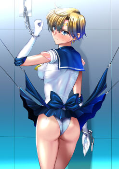 1girl ass back_bow bishoujo_senshi_sailor_moon blonde_hair blue_choker blue_eyes blue_sailor_collar blue_skirt bow chain choker commentary_request cowboy_shot elbow_gloves female_focus from_behind gloves hook leotard looking_at_viewer outer_senshi pleated_skirt sailor_collar sailor_senshi_uniform sailor_uranus sen_(sansui) short_hair skirt solo ten'ou_haruka tiara very_short_hair white_gloves white_leotard