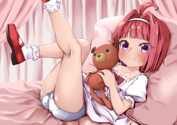 1girl absurdres ahoge ass bed clothes_lift dress dress_lift female_focus hair_intakes hairband highres kneepits legs legs_up loli looking_at_viewer lying mary_janes mint_clark on_back panties pillow pink_eyes red_hair red_shoes shoes short_hair short_sleeves smile socks solo stuffed_animal stuffed_toy super_blackjack teddy_bear thighs underwear white_dress white_panties white_socks yappariga
