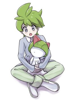 1boy :o blush cardigan commentary_request gen_3_pokemon green_hair green_pants grey_cardigan grey_eyes highres kuroumineko_961 long_sleeves male_focus medium_hair nintendo on_lap open_mouth pants pokemon pokemon_(creature) pokemon_on_lap pokemon_oras ralts shoes simple_background sitting wally_(pokemon) white_background white_shoes