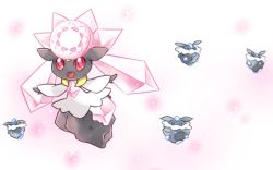 :d carbink commentary_request diancie gen_6_pokemon happy legendary_pokemon looking_at_viewer mythical_pokemon nintendo no_humans open_mouth outstretched_arms pink_pupils pokemon pokemon_(creature) red_eyes smile soumendaze white_background