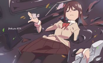 1girl akemi_homura black_hair black_pantyhose black_skirt bow bowtie commentary_request cross debris hair_spread_out highres in_water juliet_sleeves kokoro6636 long_hair long_sleeves lying mahou_shoujo_madoka_magica midriff_peek mitakihara_school_uniform on_back pantyhose pleated_skirt puffy_sleeves purple_eyes school_uniform shirt sidelocks signature skirt solo wet white_shirt