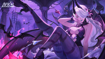 1girl afk_(series) afk_journey aqua_eyes aqua_lips arm_support asymmetrical_bangs bare_shoulders bat_(animal) black_horns black_leotard black_shoes black_wings blush breasts cage chain cleavage cleavage_cutout clothing_cutout colored_extremities colored_skin column commentary copyright_logo copyright_name demon_girl demon_horns demon_tail demon_wings english_commentary eyelashes eyeshadow fingernails fire gradient_hair grey_hair hair_over_one_eye hand_up high_heels highleg highleg_leotard highres horns indoors knee_up large_breasts leg_up leotard lipstick logo long_hair looking_at_viewer makeup mehira_(afk) mole mole_under_eye multicolored_hair multiple_horns navel_cutout official_art one-eyed one_eye_covered pantyhose parted_bangs parted_lips pillar pink_fire plant purple_eyeshadow purple_hair purple_pantyhose purple_skin sharp_fingernails shoes sitting smile solo spiked_wings tail throne torn_wings very_long_fingernails very_long_hair vines window wings