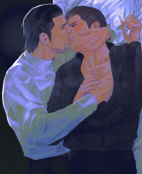 Rule 34 | 2boys, ahoge, beard, bed sheet, black hair, brown hair, commentary request, couple, dojima daigo, dress shirt, facial hair, hair slicked back, hand on another's chest, hand on another's face, highres, holding another's wrist, imminent kiss, male focus, mine yoshitaka, mullet, multiple boys, no jacket, no necktie, partially open shirt, ryuu ga gotoku (series), ryuu ga gotoku 3, sheet grab, shirt, tyag53, yaoi