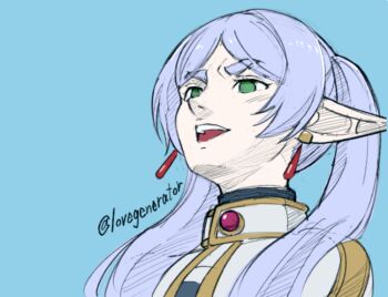 1girl blue_background elf frieren green_eyes head_back kin-san_(sasuraiga) long_hair meme parted_lips pointy_ears simple_background solo sousou_no_frieren twintails twitter_username upper_body upward_angle_frieren_drawing_(meme)