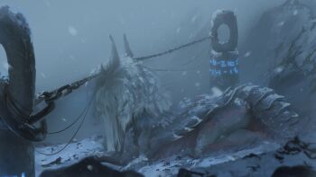 animal_request armor chain chained creature curled_horns fog highres horns kneeling mountainous_horizon no_humans original outdoors runes snow snowing toebeez winter