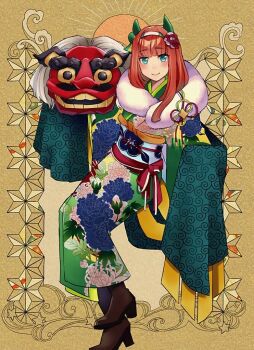 1girl animal_ears blue_eyes blunt_bangs blush closed_mouth commentary_request ear_covers floral_print floral_print_kimono fur_trim green_eyes hair_ornament hairband hime_cut horse_ears horse_girl japanese_clothes kimono long_hair long_sleeves looking_at_viewer orange_hair print_kimono silence_suzuka_(umamusume) smile solo star_(symbol) torakinaco umamusume white_hairband