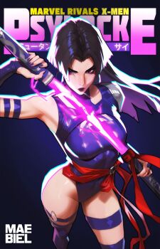 1girl absurdres armpits black_hair breasts earrings gloves highleg highleg_leotard highres holding holding_sword holding_weapon jewelry large_breasts leotard long_hair looking_at_viewer maebiel marvel marvel_rivals psylocke psylocke_(vengeance) purple_eyes purple_leotard sash solo superhero_costume sword thighhighs waist_sash weapon x-men