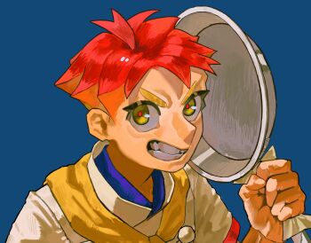 1boy blueberry_academy_school_uniform crispin_(pokemon) frying_pan highres holding holding_frying_pan looking_at_viewer male_focus multicolored_eyes nintendo ookiitora128706 open_mouth pokemon pokemon_sv red_eyes red_hair school_uniform simple_background smile solo teeth twitter_username two-tone_eyes upper_body yellow_eyes