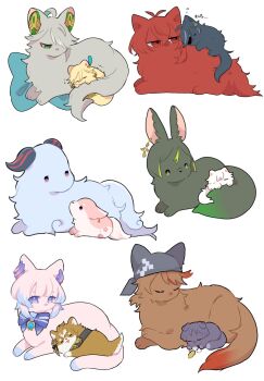 3girls 6+boys ahoge alhaitham_(genshin_impact) animal animal_ears animalization antenna_hair baby_animal bad_id bad_twitter_id black_bow black_bowtie black_eyes blonde_hair blue_bow blue_bowtie blue_fur blue_gemstone blue_hair blunt_ends bow bowtie brown_fur brown_hair cat cat_ears cat_tail closed_eyes collar commentary_request cyno_(genshin_impact) diluc_(genshin_impact) dog dog_ears dog_tail earrings eyeliner eyepatch flower fox fox_ears fox_tail ganyu_(genshin_impact) gem genshin_impact goat goat_horns goat_tail gold gold_earrings gorou_(genshin_impact) gradient_fur gradient_hair green_eyes green_fur grey_collar grey_fur grey_hair grey_headwear grey_ribbon grey_scarf hair_ornament hair_over_one_eye headscarf highres horns jewelry kaeya_(genshin_impact) kaveh_(genshin_impact) kitten leaf looking_at_another looking_down looking_up lying lying_on_person makeup multicolored_eyes multicolored_hair multiple_boys multiple_girls nasuka_gee niwa_(genshin_impact) no_mouth on_stomach open_mouth parted_bangs pink_eyes pink_flower pink_fur pink_hair pom_pom_(clothes) puppy purple_eyes purple_fur purple_hair red_bow red_bowtie red_eyeliner red_eyes red_fur red_hair ribbon sangonomiya_kokomi scaramouche_(cat)_(genshin_impact) scaramouche_(genshin_impact) scarf short_hair sidelocks simple_background single_earring sitting sleeping smile striped_bow striped_bowtie striped_clothes tail tattoo tighnari_(genshin_impact) tongue two-tone_fur two-tone_hair vision_(genshin_impact) white_background white_fur yae_miko yae_miko_(fox) yellow_fur