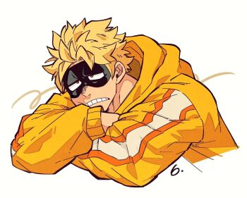 1boy annoyed blonde_hair boku_no_hero_academia clenched_teeth commentary fat_gum_(boku_no_hero_academia) highres jacket looking_to_the_side male_focus masked monu superhero_costume symbol-only_commentary teeth white_background yellow_jacket