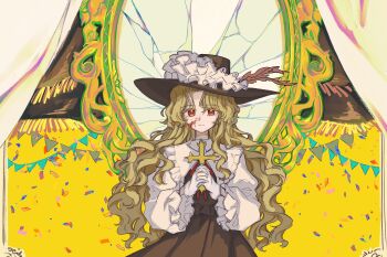 1girl blonde_hair blood blood_on_face broken_mirror brown_hat brown_skirt brown_vest closed_mouth collared_shirt cross dolls_in_pseudo_paradise feathers flower frilled_hairband frilled_hat frilled_shirt_collar frilled_sleeves frills gloves hairband happy hat hat_flower highres holding holding_cross jacket_girl_(dipp) long_hair long_sleeves looking_at_viewer mirror neck_ribbon parted_bangs red_eyes red_feathers red_ribbon ribbon shirt skirt smile solo touhou upper_body uzumibi very_long_hair vest wavy_hair white_gloves white_shirt