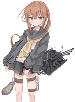 Rule 34 | 1girl, anti-aircraft, anti-aircraft gun, black jacket, black sailor collar, black skirt, brown eyes, brown hair, double-parted bangs, feet out of frame, fumizuki (kancolle), hair between eyes, highres, ichiha (ichi u2), jacket, kantai collection, long hair, long sleeves, looking at viewer, miniskirt, neckerchief, open clothes, open jacket, pleated skirt, rigging, sailor collar, side ponytail, sidelocks, simple background, skirt, solo, standing, thigh strap, very long hair, white background, yellow neckerchief