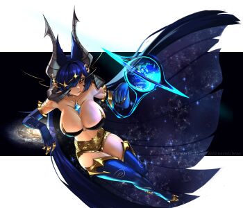 absurdres blue_hair breasts claws cleavage constellation constellation_hair_ornament dragon_girl dragon_horns earth_(planet) elbow_gloves gloves grey_horns highres horns indie_virtual_youtuber kimarislibran large_breasts long_hair midriff multiple_horns planet red_eyes thighhighs thighs very_long_hair vienna_(vtuber) virtual_youtuber