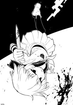 Rule 34 | 1girl, artist name, blood, bloody knife, commentary request, greyscale, highres, holding, holding knife, indou yukine, knife, monochrome, neckerchief, pantyhose, sakifox, school uniform, scum of the brave, serafuku, shoes, short hair, skirt, solo