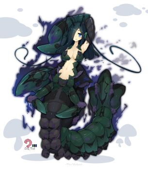 1girl absurdres antennae arm_over_head armpits arthropod_girl arthropod_limbs aura bare_shoulders blue_eyes blush breasts bridgeless_bra carapace claws cleavage cloud collarbone color_guide commentary_request dark_aura english_text extra_legs fins full_body hair_over_one_eye head_fins highres large_breasts lobster lobster_claw lobster_girl lobster_tail long_hair long_sidelocks mold monster_girl mushroom navel organic_bra original oversized_limbs parted_bangs pincers shitoi_(aqua1487) sidelocks simple_background smile solo taur white_background