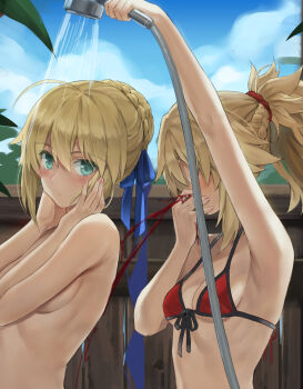 2girls armpits aroused_nosebleed artoria_pendragon_(fate) bikini blonde_hair blood blush braid braided_bun breasts covering_breasts covering_privates fate/grand_order fate_(series) female_pervert fence front-tie_bikini_top front-tie_top green_eyes hair_bun hair_ornament hair_ribbon hair_scrunchie highres incest long_hair mordred_(fate) mordred_(swimsuit_rider)_(fate) mordred_(swimsuit_rider)_(first_ascension)_(fate) mother_and_daughter multiple_girls nosebleed nude outdoors pervert ponytail red_bikini red_scrunchie ribbon saber_(fate) scrunchie short_hair shower_head showering sideboob string_bikini swimsuit tonee topless_female wooden_fence yuri