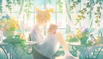 Rule 34 | 1boy, 25-ji len, ankle socks, aqua eyes, blonde hair, book, bug, butterfly, chair, collared shirt, colorful palette, curtains, english text, flower, flower request, footwear flower, frilled sleeves, frills, game cg, highres, hodokenu ashita ni te wo nobashite (project sekai), indoors, insect, kagamine len, knees up, lace, leaf, loafers, looking at object, male focus, necktie, official alternate costume, official alternate hair ornament, official art, on chair, orange butterfly, pink butterfly, pink flower, pink ribbon, pink rose, plant, potted plant, project sekai, purple butterfly, ribbon, rose, see-through curtains, shirt, shoes, socks, solo, third-party source, vase, vocaloid, white necktie, white shirt, white shoes, white socks, window, yellow butterfly, yellow flower, yellow rose