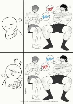 ... 1other 2boys :q abs age_difference bara blush boxer_briefs broad_shoulders calves chest_hair cigarette commentary covered_eyes crossed_arms doodlefish drakeposting_(meme) english_commentary english_text facial_hair fidgeting flying_sweatdrops full-face_blush greyscale hair_over_eyes height_difference highres implied_yaoi index_fingers_together instagram_username large_pectorals leg_hair low_ponytail male_focus male_underwear mature_male meme monochrome multiple_boys muscular muscular_arms muscular_male navel nervous_sweating no_(gesture) no_eyes no_nose original partially_colored pectorals ponytail shaking_head short_ponytail sitting size_difference smoking socks sparkle spread_legs stomach_hair striped_blush stubble sweat thick_thighs thighs tongue tongue_out topless_male twitter_username underwear