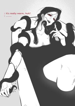 Rule 34 | 1girl, absurdres, adashino adami, bathing, bathtub, black hair, chinese commentary, commentary request, completely nude, english text, grey background, head tilt, highres, homicipher, long hair, mr. hood, nude, red eyes, sitting, solo, spot color, tentacles, wet, yu lan