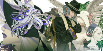 1boy anzishen blue_hair earrings ensemble_stars! flower hat highres himeru_(ensemble_stars!) jewelry leaf model necklace plant ring solo wings