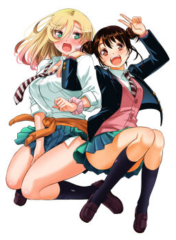 Rule 34 | 2girls, :d, asymmetrical bangs, black jacket, black socks, blazer, blonde hair, blue skirt, blush, breast pocket, breasts, brown eyes, brown hair, brown shoes, clothes around waist, commentary request, cover image, double bun, embarrassed, full body, gradient hair, green eyes, hair bun, hand on another's shoulder, hand up, highres, jacket, jumping, kijitani ayano, kuzuryuu hanako, large breasts, loafers, long hair, long sleeves, multicolored hair, multiple girls, necktie, official art, open clothes, open jacket, open mouth, orange sweater, pink scrunchie, pink sweater vest, pocket, school uniform, scrunchie, shoes, simple background, skirt, skirt tug, small breasts, smile, socks, sogabe toshinori, striped necktie, sweater, sweater around waist, sweater vest, teeth, thighs, upper teeth only, v, white background, wrist scrunchie, yankee jk kuzuhana-chan
