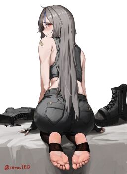 1girl absurdres ass barefoot blush boots citrusted feet fingerless_gloves gloves grey_hair highres long_hair looking_at_viewer looking_back open-toe_boots red_eyes shoes soles stirrup_legwear toeless_legwear toes unworn_boots unworn_shoes
