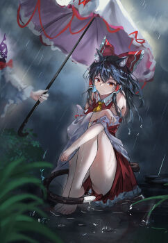 2girls absurdres animal_ear_fluff animal_ears ascot barefoot black_hair bow cat_ears cat_girl cat_tail closed_eyes commentary crying detached_sleeves dress frilled_bow frilled_hair_tubes frills gap_(touhou) hair_bow hair_tubes hakurei_reimu highres holding holding_umbrella kemonomimi_mode long_hair long_sleeves multiple_girls outdoors rain red_bow red_eyes red_skirt ribbon-trimmed_sleeves ribbon_trim sakura_no_ha skirt skirt_set tail thighs toes touhou umbrella wet wet_clothes wet_hair white_dress wide_sleeves yakumo_yukari yellow_ascot