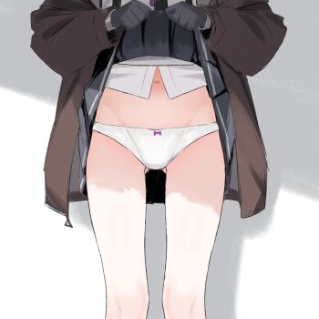 1girl black_gloves black_skirt brown_jacket clothes_lift girls&#039;_frontline gloves highres jacket m200_(girls&#039;_frontline) panties pleated_skirt shenqi_xiaohuang shirt simple_background skirt skirt_lift solo underwear white_background white_panties white_shirt