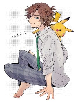 1boy animal animal_on_shoulder barefoot brown_hair closed_mouth commentary ensemble_stars! full_body gen_1_pokemon green_eyes green_necktie grey_pants half_updo highres indian_style long_sleeves looking_at_viewer male_focus medium_hair mikejima_madara mitobinyo necktie nintendo pants parted_bangs pikachu plaid_clothes plaid_pants pokemon shirt simple_background sitting smile solo symbol-only_commentary white_background white_shirt yumenosaki_school_uniform_(summer)