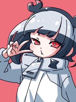 1girl :t black_hair black_hairband blunt_bangs commentary_request grey_sweater hairband hand_up hanya_(hanya_yashiki) highres jitomi_monoe looking_at_viewer magnet pout red_background red_eyes red_nails simple_background solo sweater two-tone_sweater v virtual_youtuber voms white_sweater zipper_pull_tab