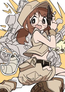 1girl brown_eyes brown_hair fio_germi glasses gun handgun hat highres holding holding_weapon kasamoto_eri looking_at_viewer metal_slug midriff open_mouth sleeveless smile weapon yuateheng