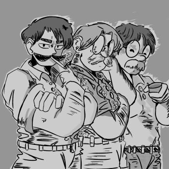 3boys alcohol belt city_(arawi_keiichi) crossed_arms editor_in_chief facial_hair glasses greyscale highres looking_at_viewer mature_male monochrome mr.adatara multiple_boys muscular muscular_male mustache nahmona sake smoking tsurubishi_makabe