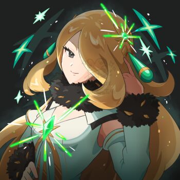 Rule 34 | 1girl, arutarika (ri kaoekaki), black background, black eyes, blonde hair, breasts, chest jewel, commentary request, cynthia (arc suit) (pokemon), cynthia (pokemon), dress, gem, green gem, hair over one eye, nintendo, pokemon, pokemon masters ex, simple background, solo, upper body, white dress