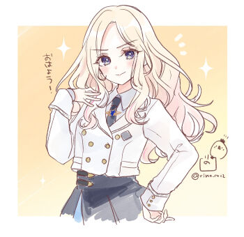 >:) 1girl black_necktie black_skirt blazer blonde_hair blue_eyes blush brown_background closed_mouth collared_shirt commentary_request forehead gakuen_idolmaster hand_up idolmaster jacket juo_sena long_hair long_sleeves looking_at_viewer necktie notice_lines parted_bangs pleated_skirt rino_cnc school_uniform shirt skirt sleeves_past_wrists smile solo translation_request twitter_username v-shaped_eyebrows very_long_hair white_jacket white_shirt