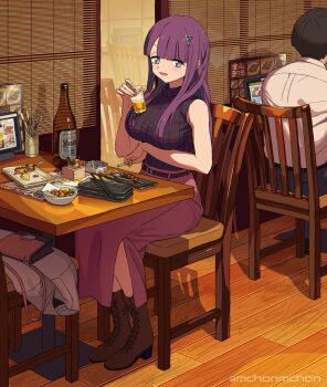 Rule 34 | 1girl, :d, alcohol, arm under breasts, artist name, ashtray, bag, beer, belt, black sweater, blunt bangs, blunt ends, boots, breasts, brown boots, chair, cigarette, commentary, cup, food, fruit, full body, handbag, hashtag-only commentary, holding, holding cigarette, holding cup, large breasts, lemon, lemon slice, light blush, long skirt, looking at viewer, mchonmchon, object on breast, open mouth, original, purple eyes, purple hair, purple skirt, restaurant, ribbed sweater, side slit, sitting, skewer, skirt, sleeveless, sleeveless turtleneck, smile, solo, sweater, table, turtleneck, turtleneck sweater, untranslatable commentary, watermark, wooden chair, wooden floor, wooden table